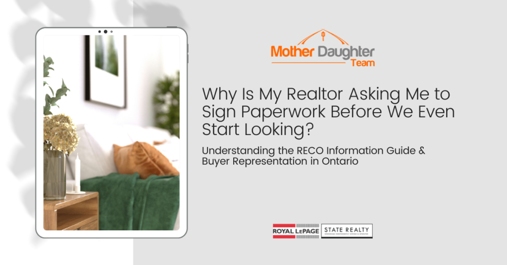 First-time home buyers meeting with a local Realtor to discuss the RECO Information Guide, buyer representation, and the home buying process in Hamilton and Niagara.